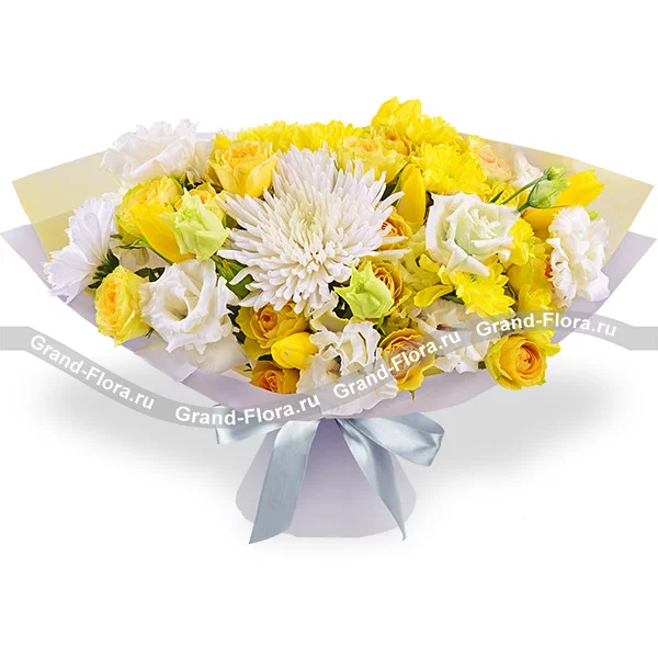 Солнечный остров – букет с желтыми кустовыми розами и хризантемой